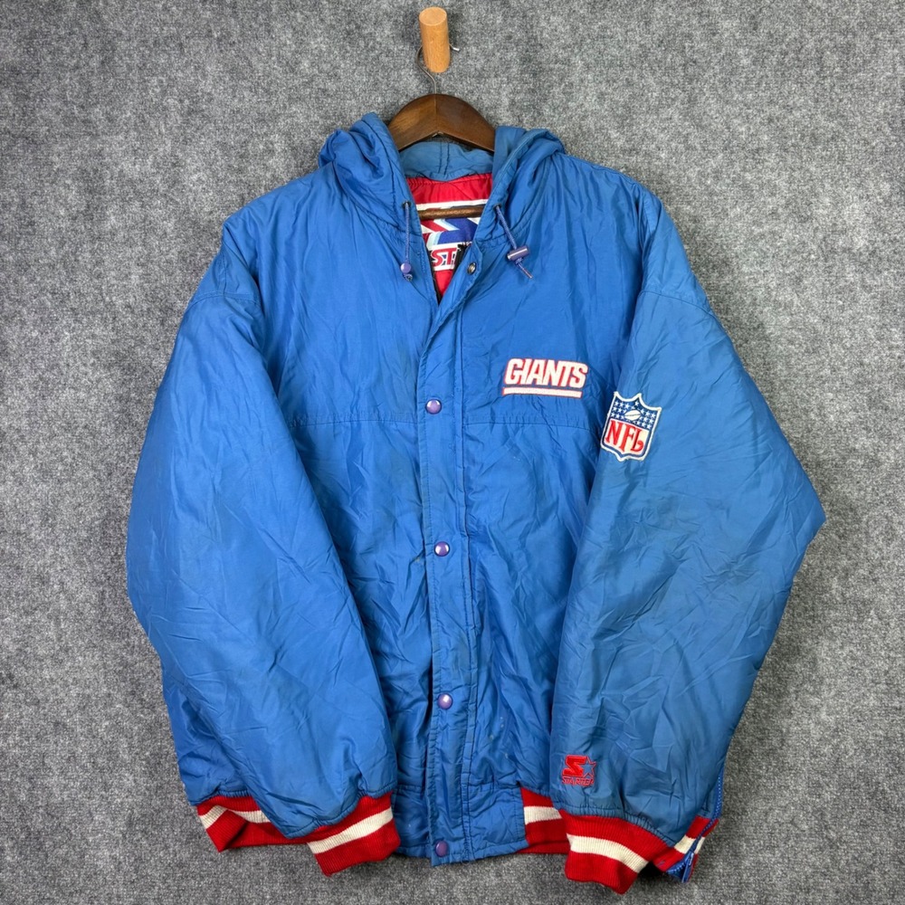 Starter NFL Puffer Jacket Mens Large Blue NY Giants Vintage Hooded Parka Coat